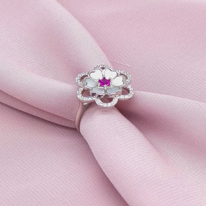 Mother of Pearl Ruby Centre Double Bloom Ring from TimelessWhims, view 3